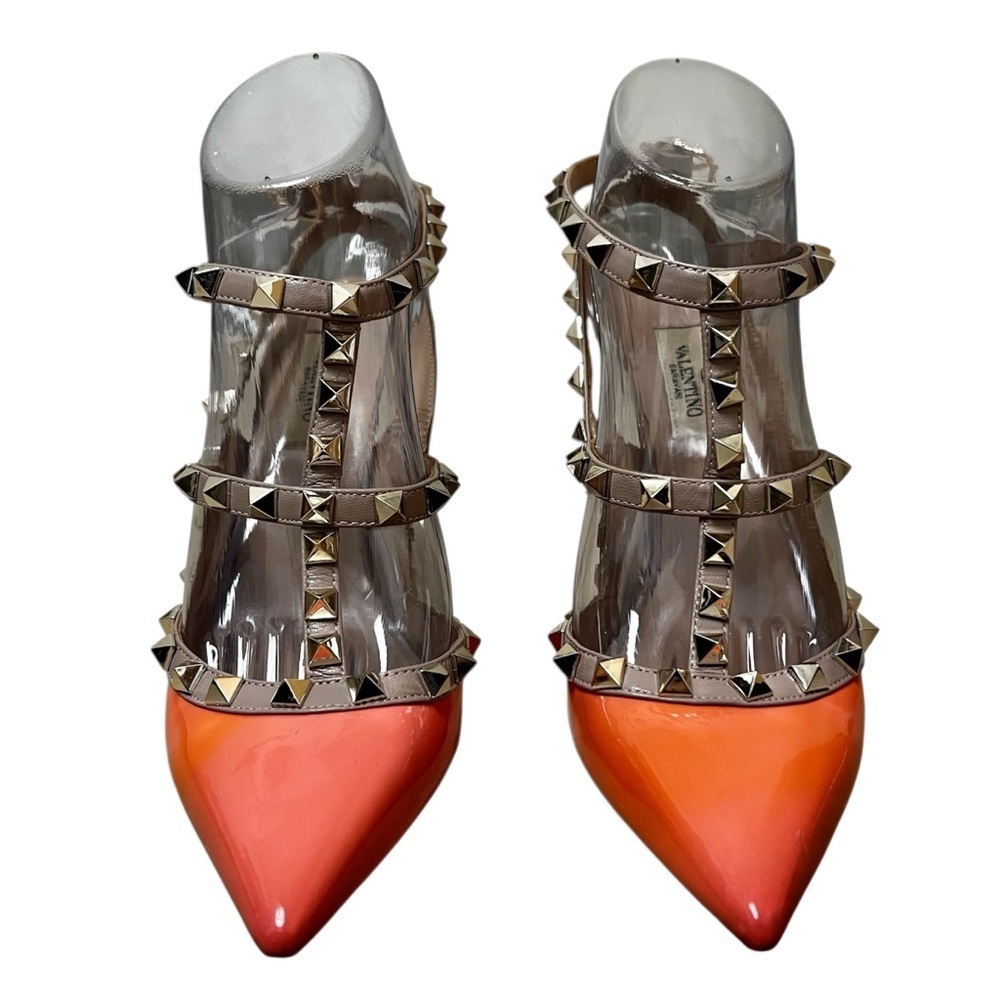 Valentino 6 Calfskin Nappa Rockstud T-Strap Patent Orange Poudre Pumps Heels - Picture 2 of 16